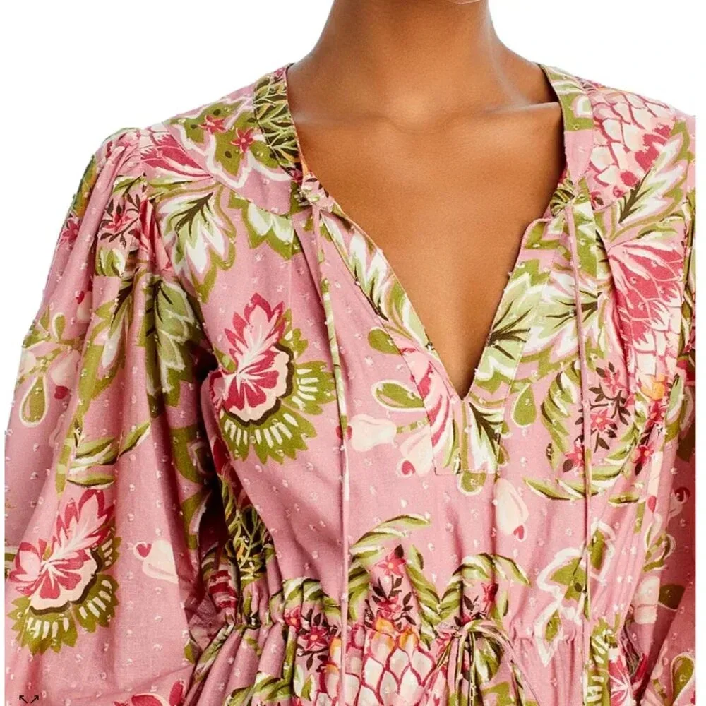 Farm Rio New Aura Floral Pink Tiered Mini Peasant Dress Medium Long Sleeve - Picture 2 of 15